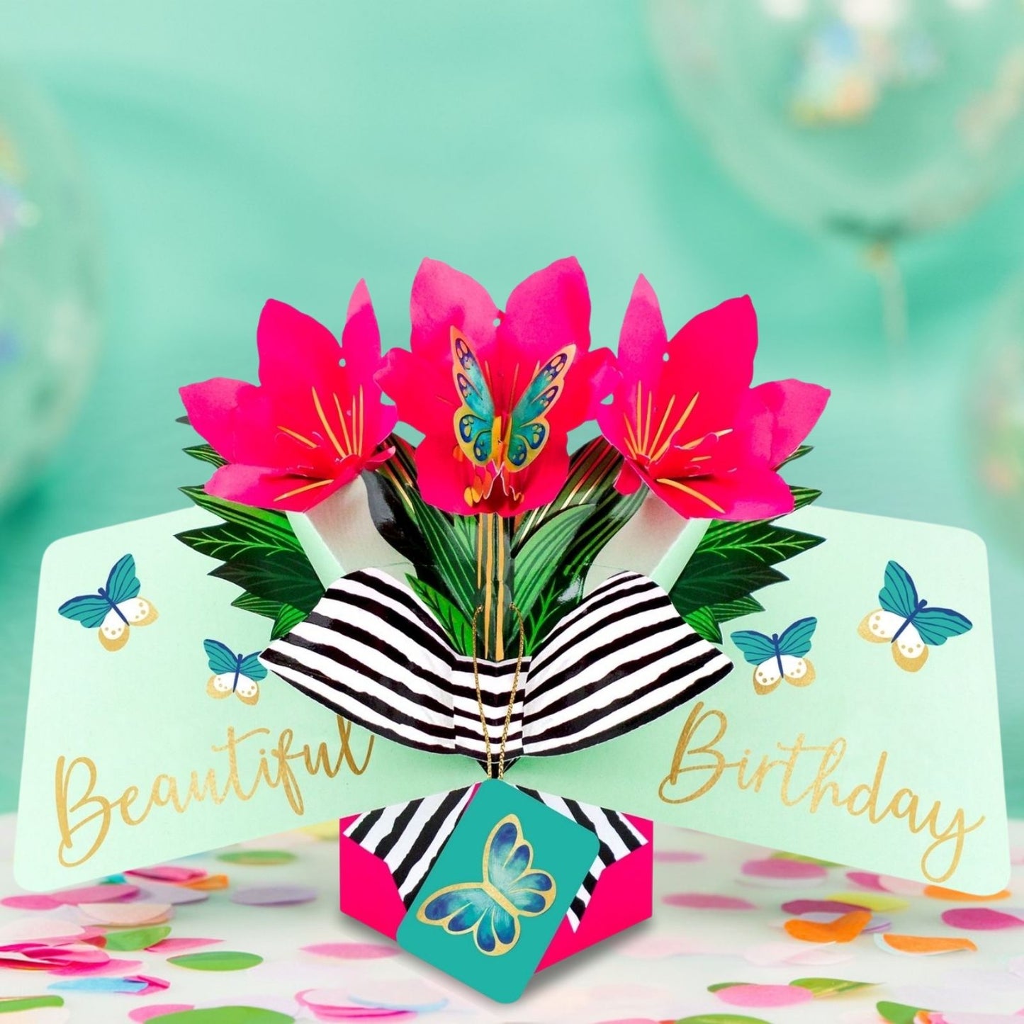 Pink Amaryllis 3D Pop Up Birthday Greeting Card Beautiful Floral Butterfly Magic