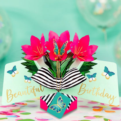 Pink Amaryllis 3D Pop Up Birthday Greeting Card Beautiful Floral Butterfly Magic