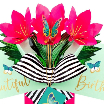 Pink Amaryllis 3D Pop Up Birthday Greeting Card Beautiful Floral Butterfly Magic