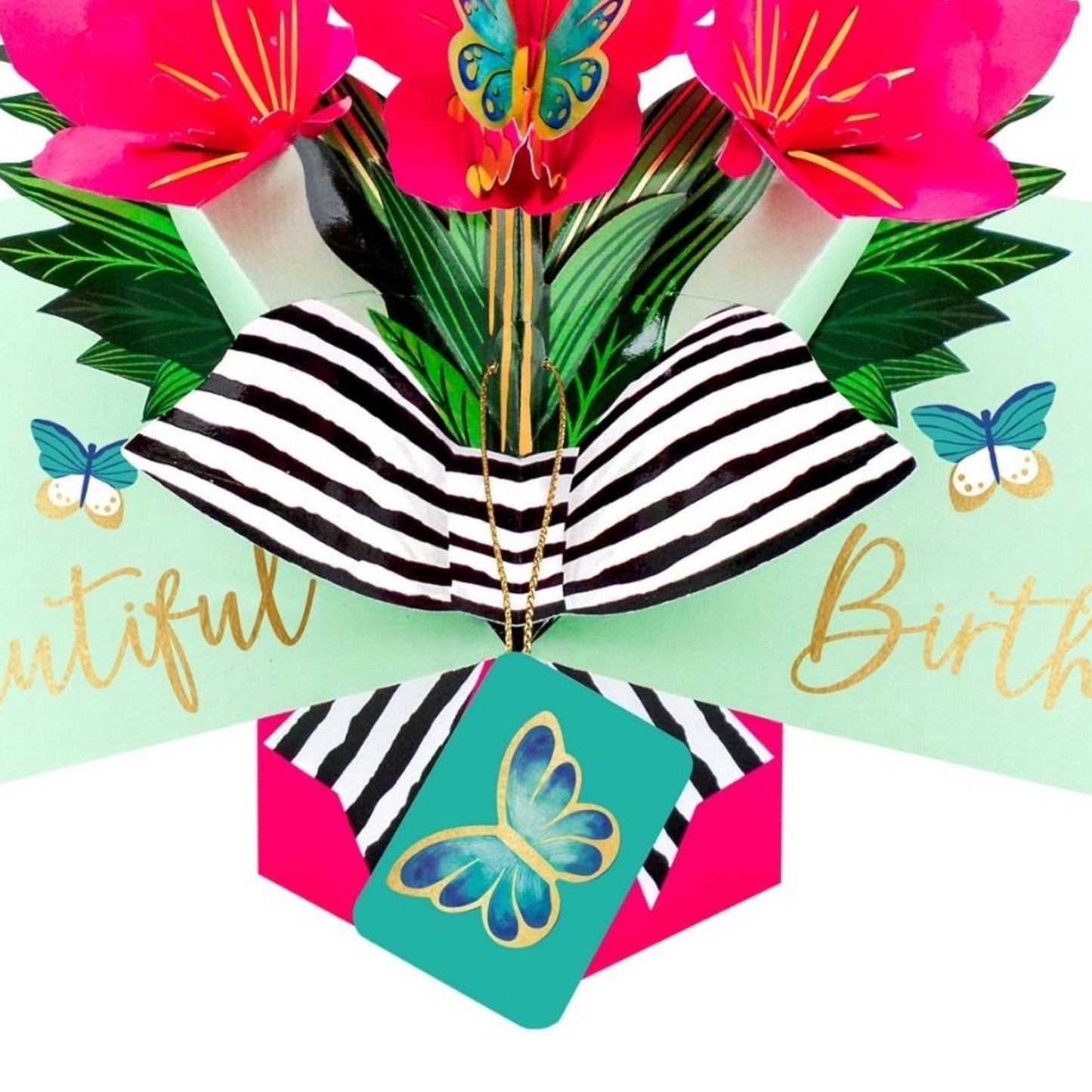 Pink Amaryllis 3D Pop Up Birthday Greeting Card Beautiful Floral Butterfly Magic