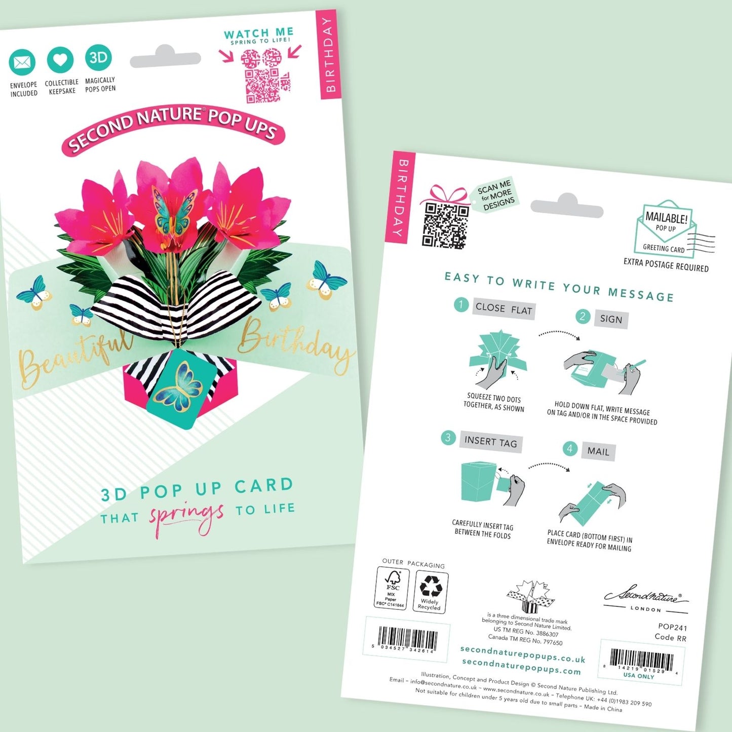 Pink Amaryllis 3D Pop Up Birthday Greeting Card Beautiful Floral Butterfly Magic