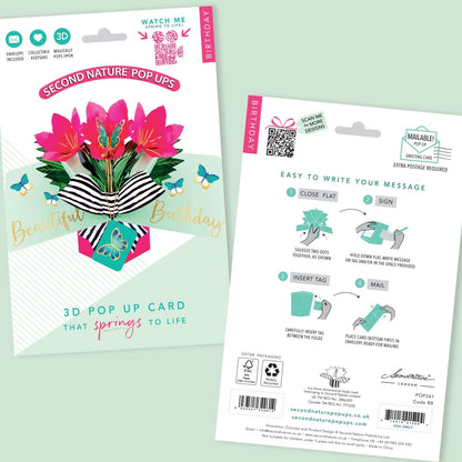 Pink Amaryllis 3D Pop Up Birthday Greeting Card Beautiful Floral Butterfly Magic