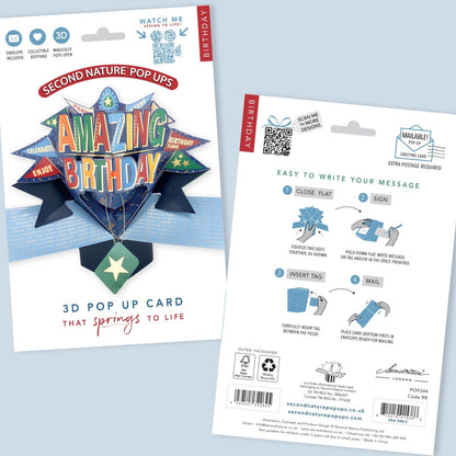 Amazing Birthday 3D Pop Up Greeting Card Celebration Party Flags For Him