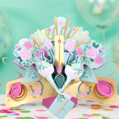 Wedding Day 3D Pop Up Greeting Card Sparkling Celebration Roses & Champagne