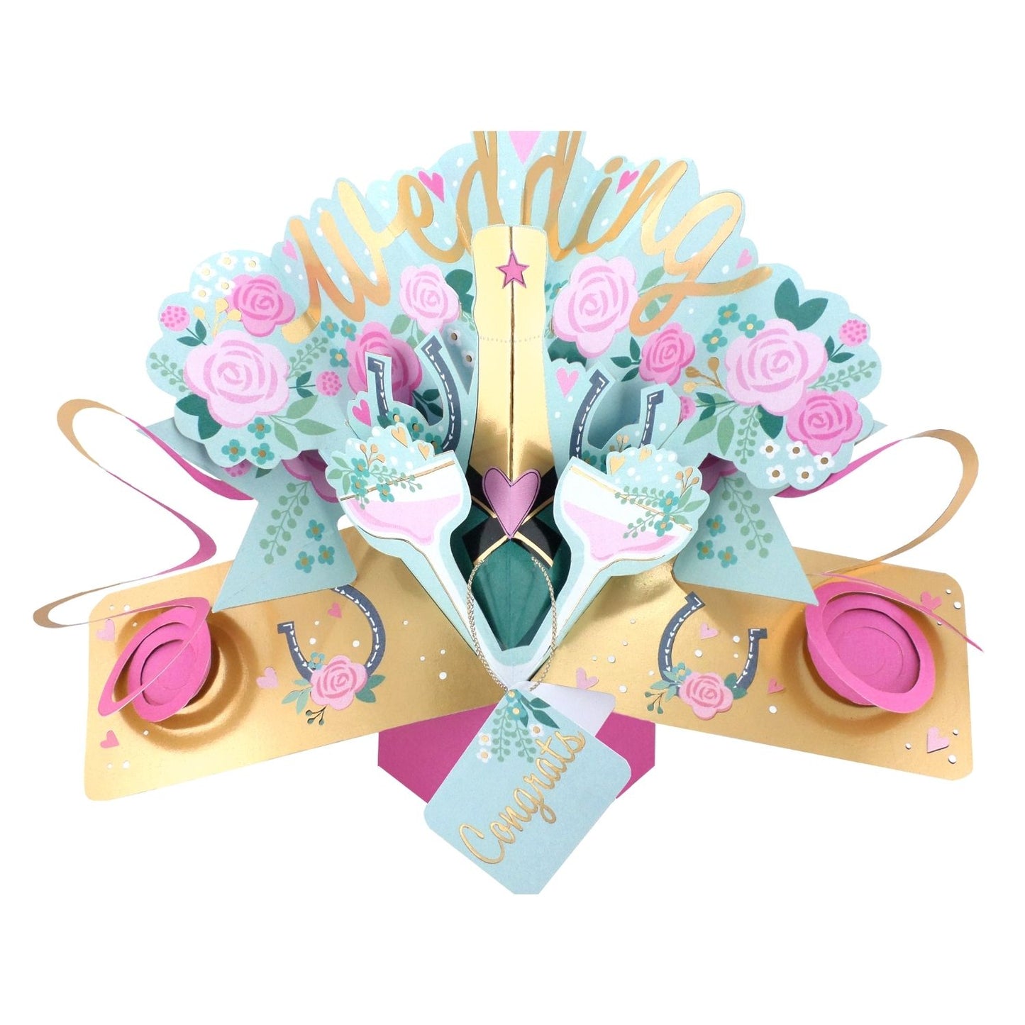 Wedding Day 3D Pop Up Greeting Card Sparkling Celebration Roses & Champagne