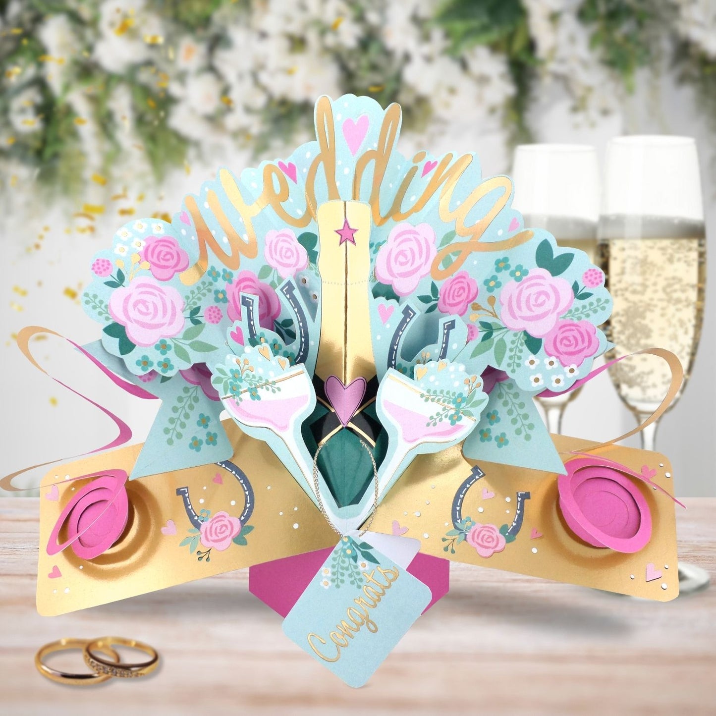 Wedding Day 3D Pop Up Greeting Card Sparkling Celebration Roses & Champagne