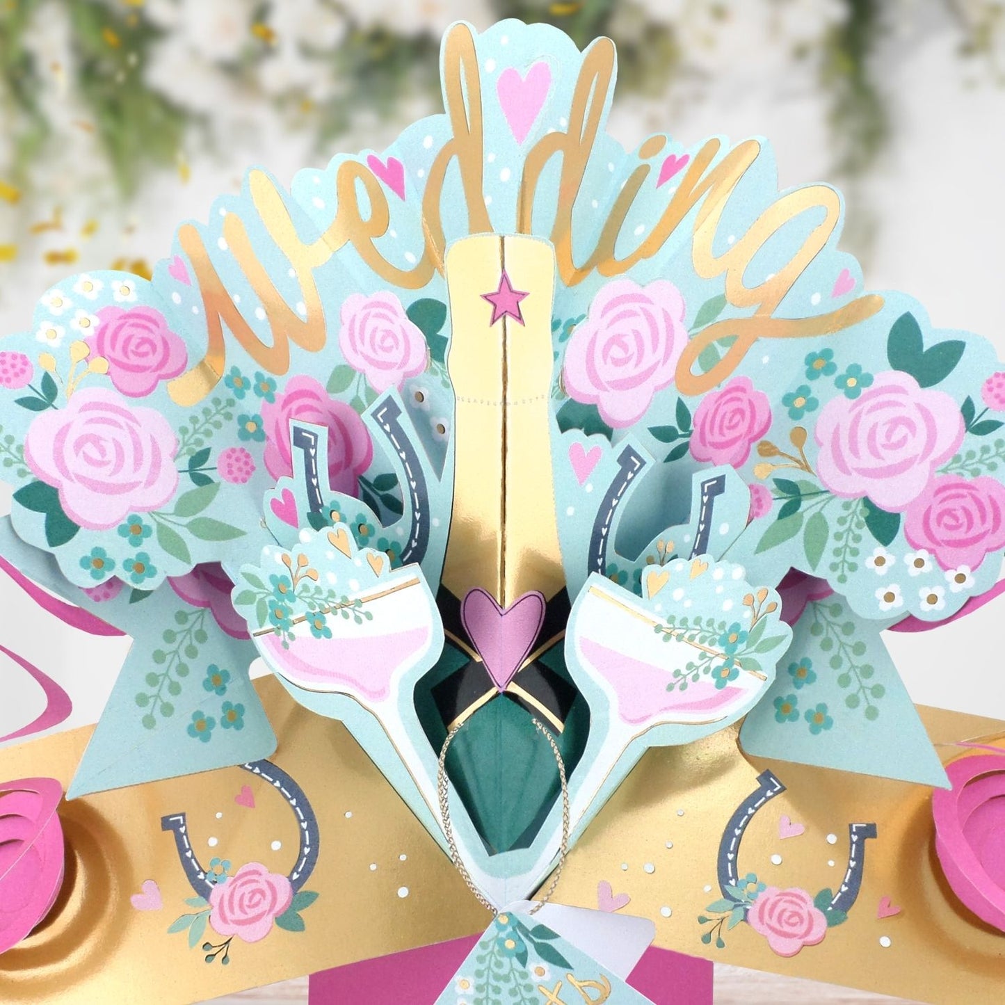 Wedding Day 3D Pop Up Greeting Card Sparkling Celebration Roses & Champagne
