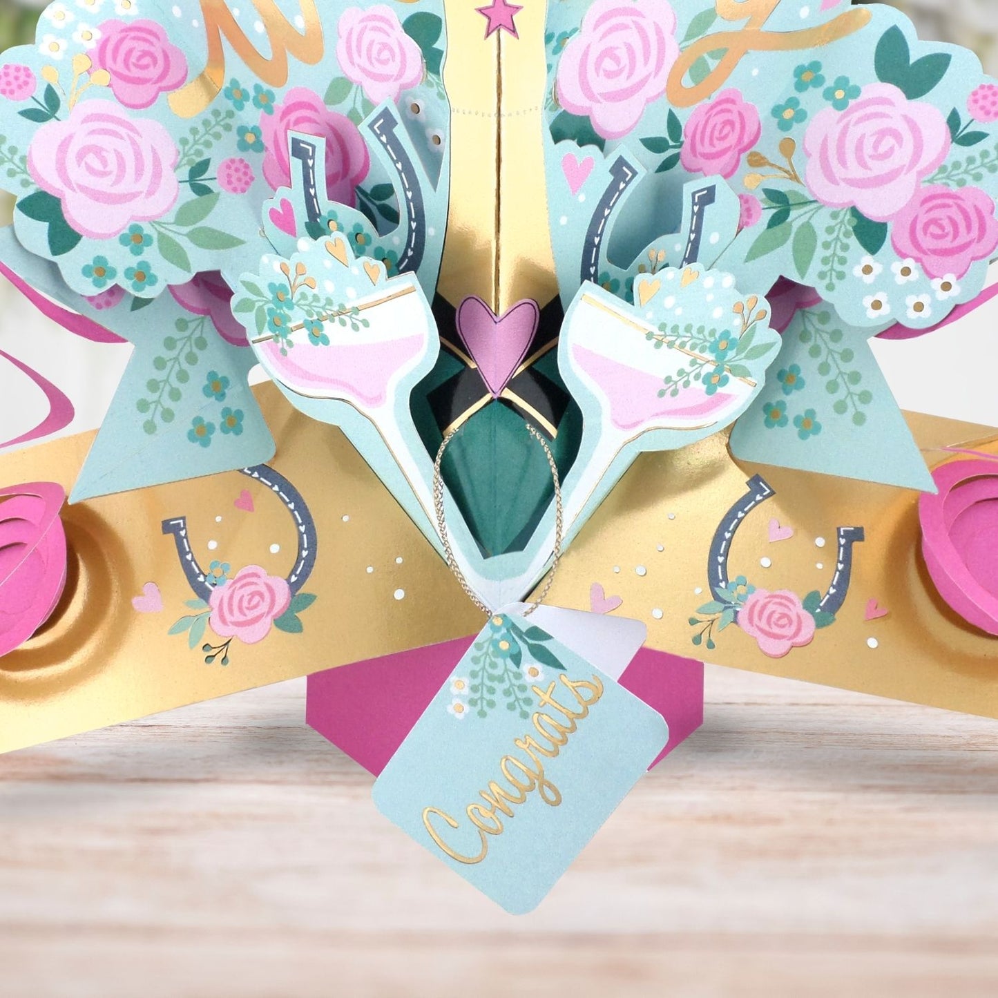 Wedding Day 3D Pop Up Greeting Card Sparkling Celebration Roses & Champagne