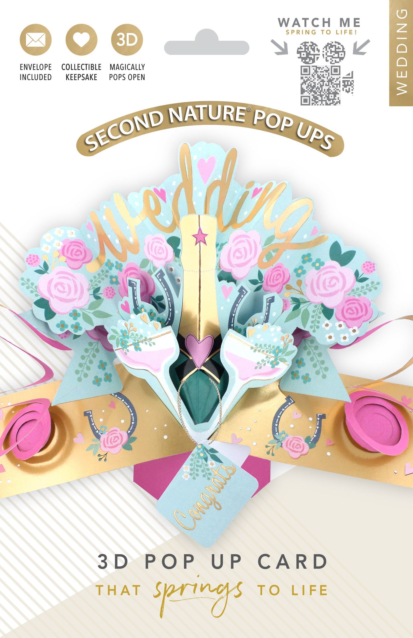 Wedding Day 3D Pop Up Greeting Card Sparkling Celebration Roses & Champagne
