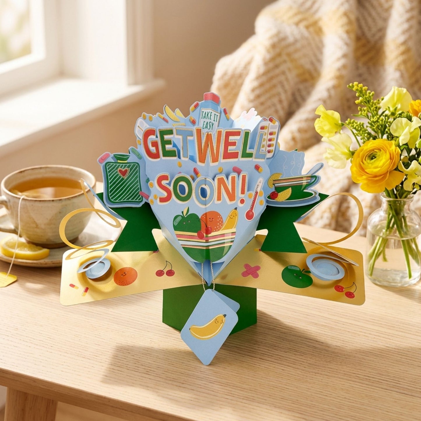 Get Well Soon 3D Pop Up Greeting Card Cheerful Comfort & Take It Easy Wishes