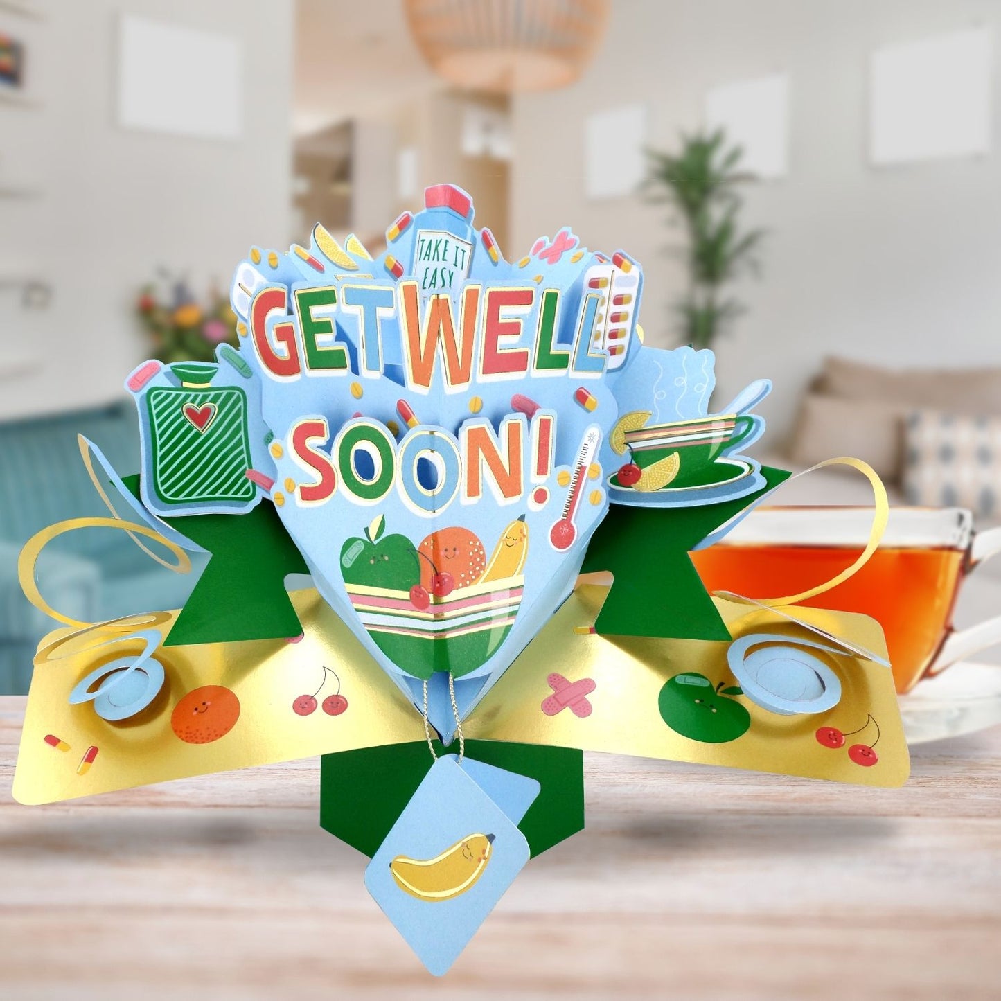 Get Well Soon 3D Pop Up Greeting Card Cheerful Comfort & Take It Easy Wishes