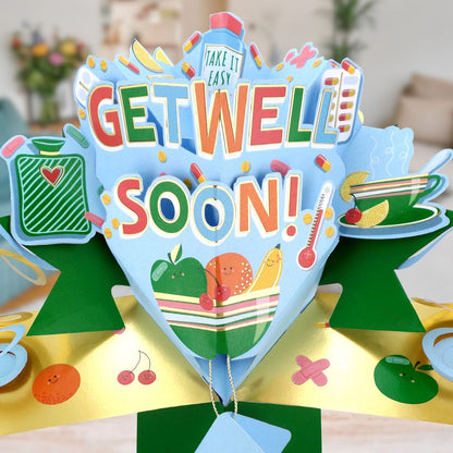 Get Well Soon 3D Pop Up Greeting Card Cheerful Comfort & Take It Easy Wishes