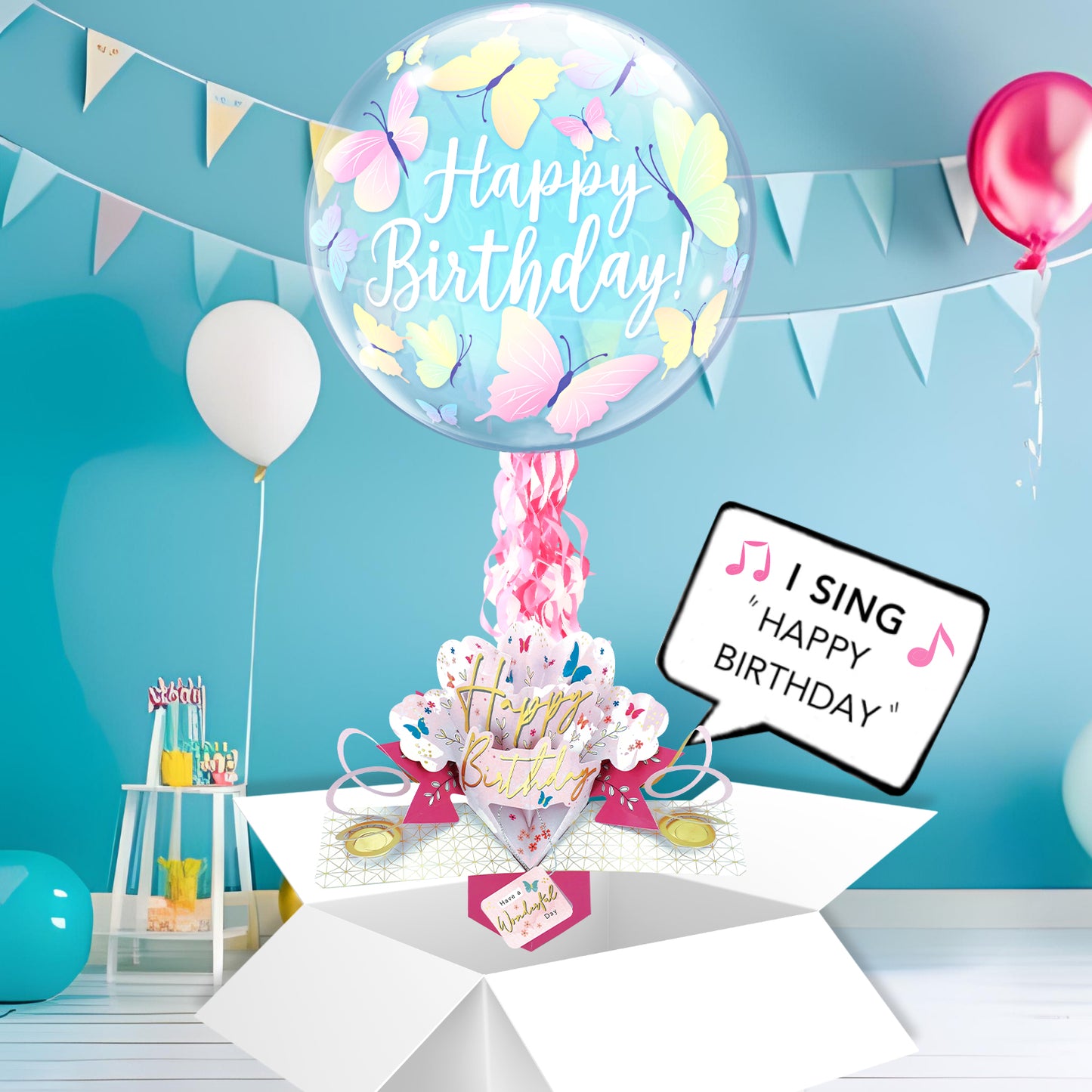 For Her Birthday Pop Up Card & Musical Balloon Surprise Delivered In A Box