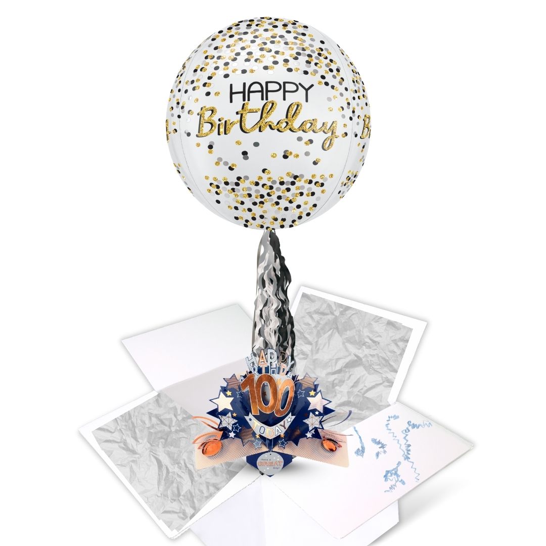 100th Birthday Pop Up Card & Floating Balloon In A Box Surprise For Him