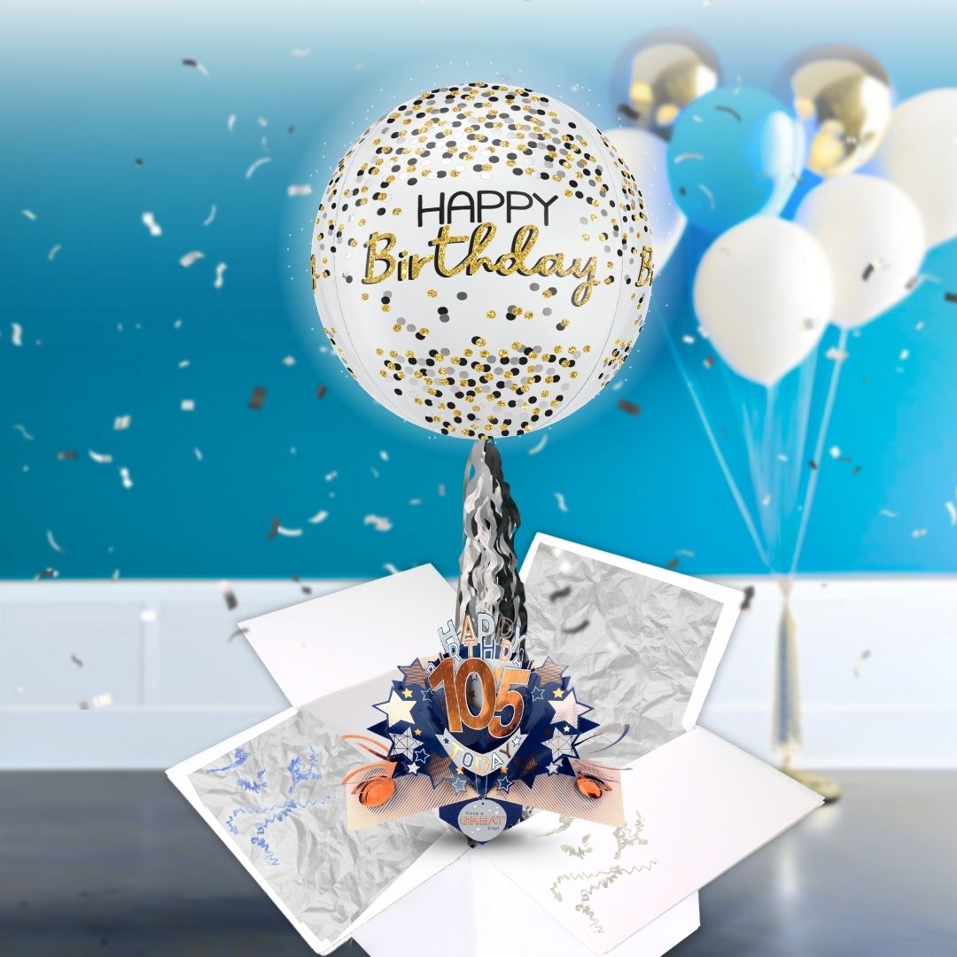 105th Birthday Pop Up Card & Floating Balloon In A Box Surprise For Him