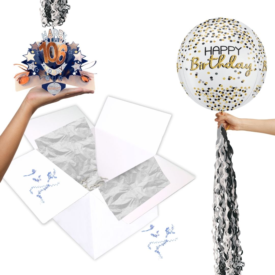 106th Birthday Pop Up Card & Floating Balloon In A Box Surprise For Him