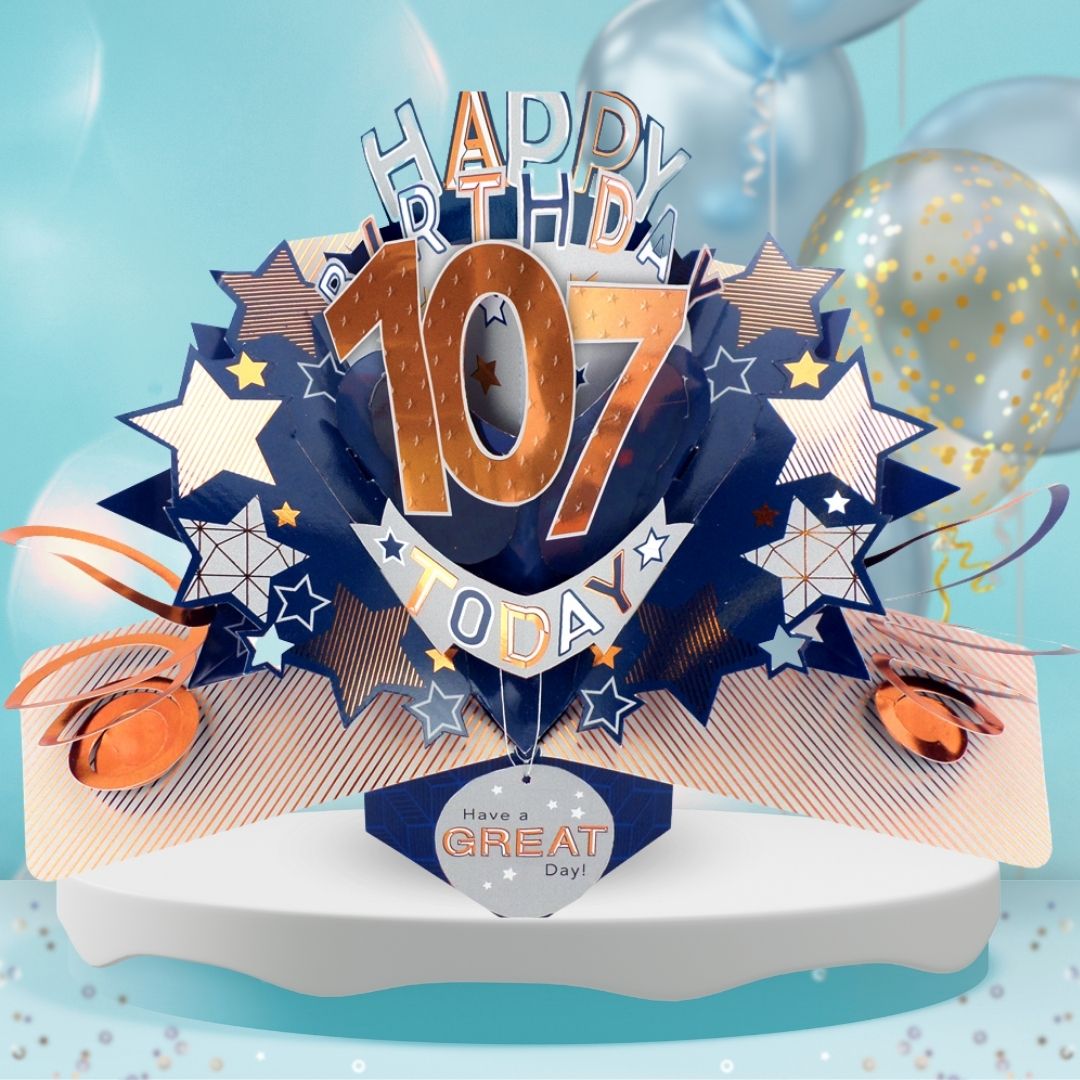 107th Birthday Pop Up Card & Floating Balloon In A Box Surprise For Him