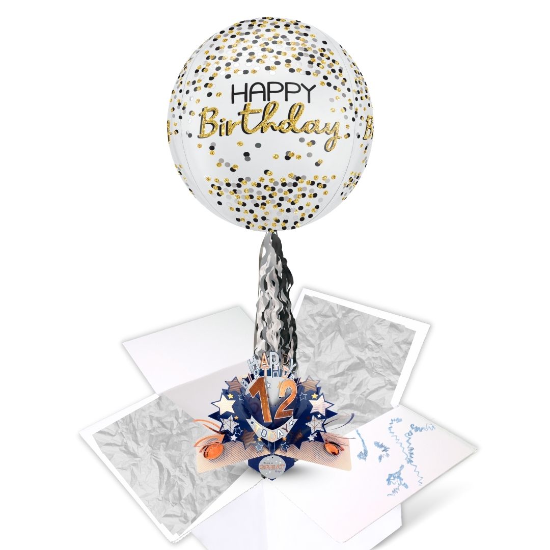 12th Birthday Pop Up Card & Floating Balloon In A Box Surprise For Him