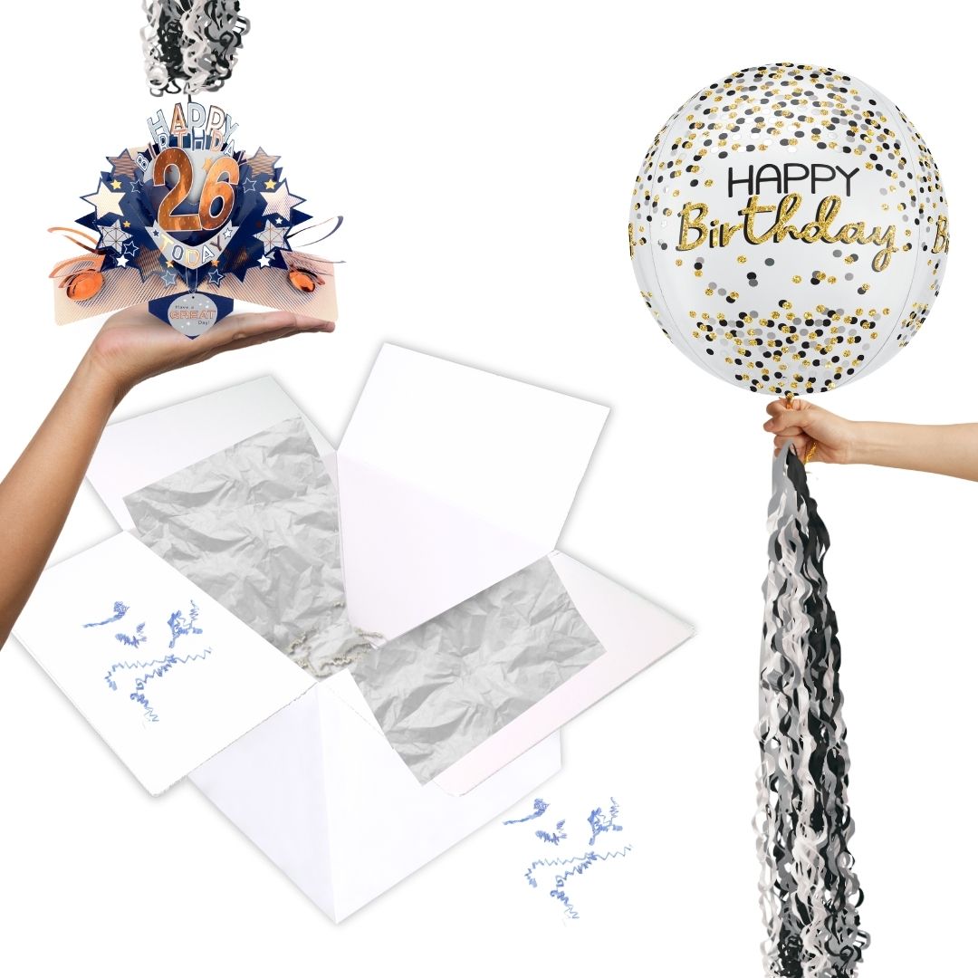 26th Birthday Pop Up Card & Floating Balloon In A Box Surprise For Him
