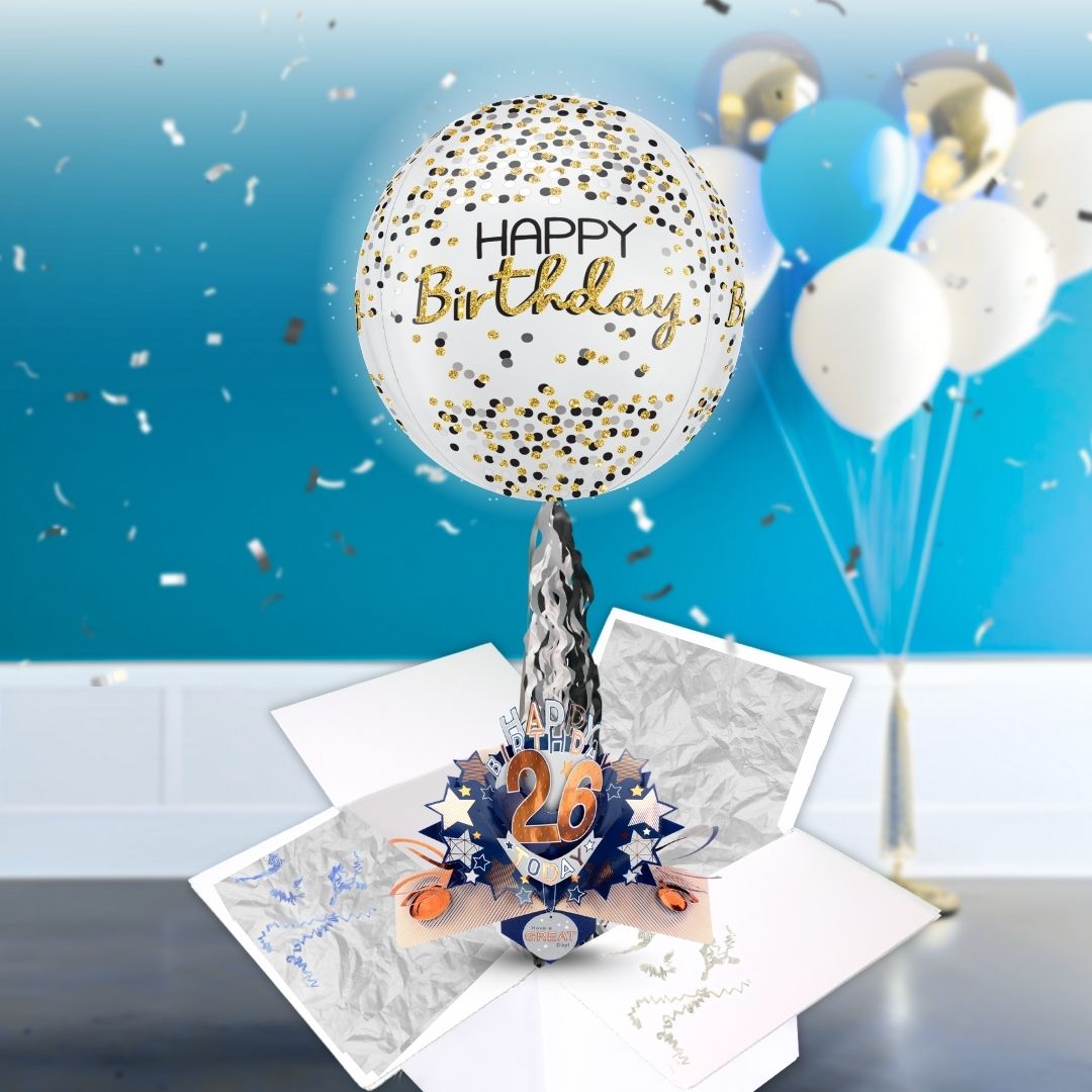 26th Birthday Pop Up Card & Floating Balloon In A Box Surprise For Him
