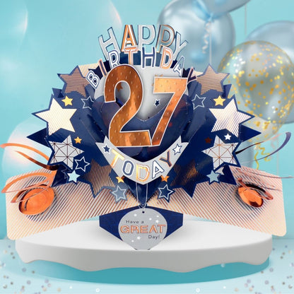 27th Birthday Pop Up Card & Floating Balloon In A Box Surprise For Him
