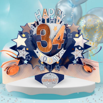 34th Birthday Pop Up Card & Floating Balloon In A Box Surprise For Him