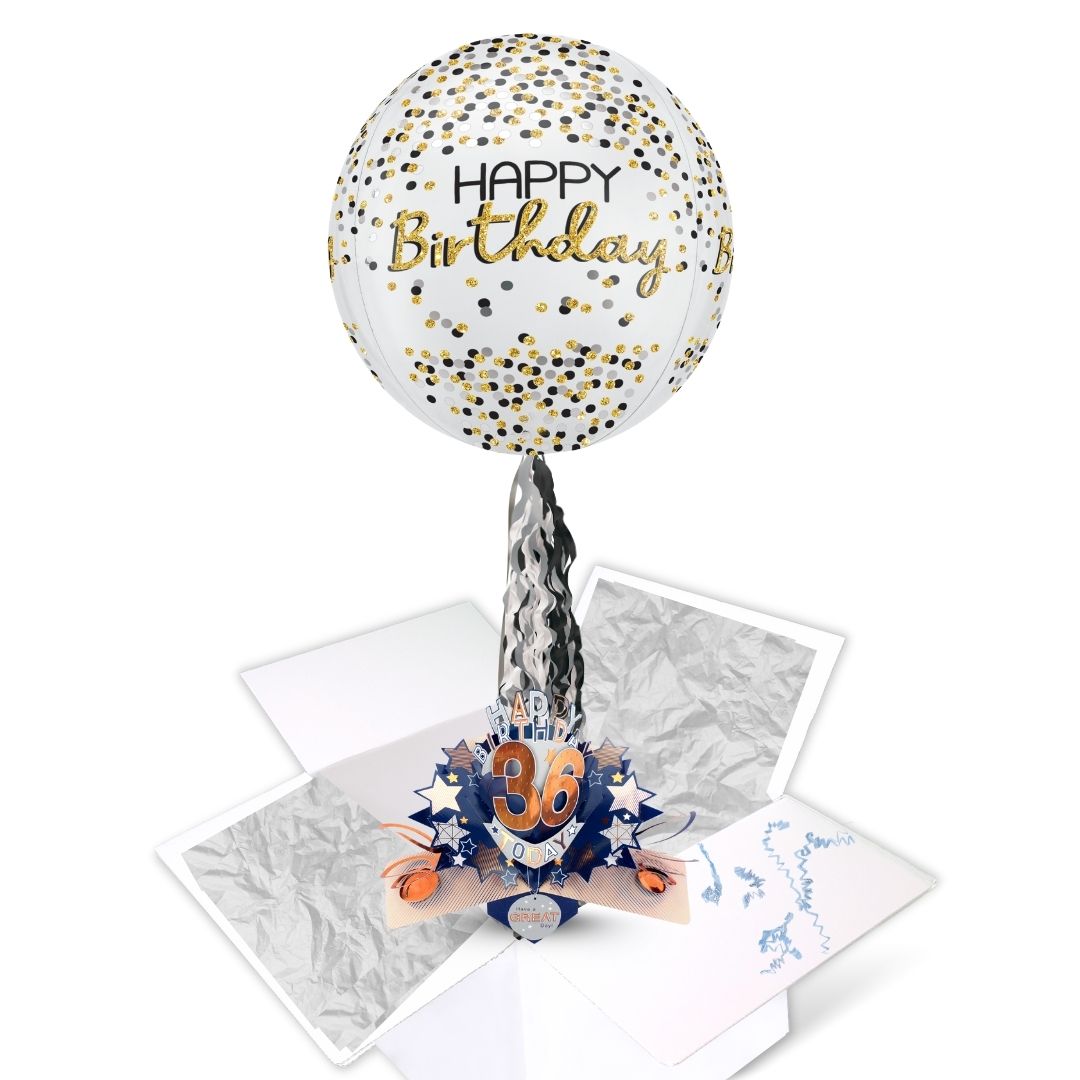 36th Birthday Pop Up Card & Floating Balloon In A Box Surprise For Him