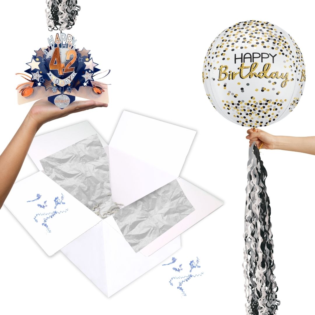 42nd Birthday Pop Up Card & Floating Balloon In A Box Surprise For Him