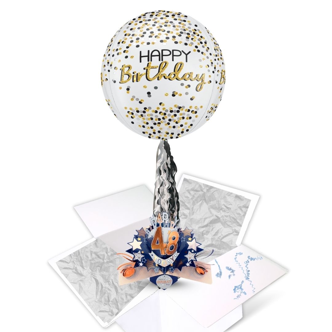 48th Birthday Pop Up Card & Floating Balloon In A Box Surprise For Him