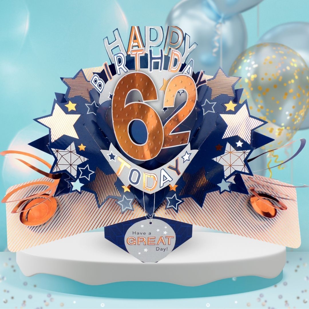 62nd Birthday Pop Up Card & Floating Balloon In A Box Surprise For Him