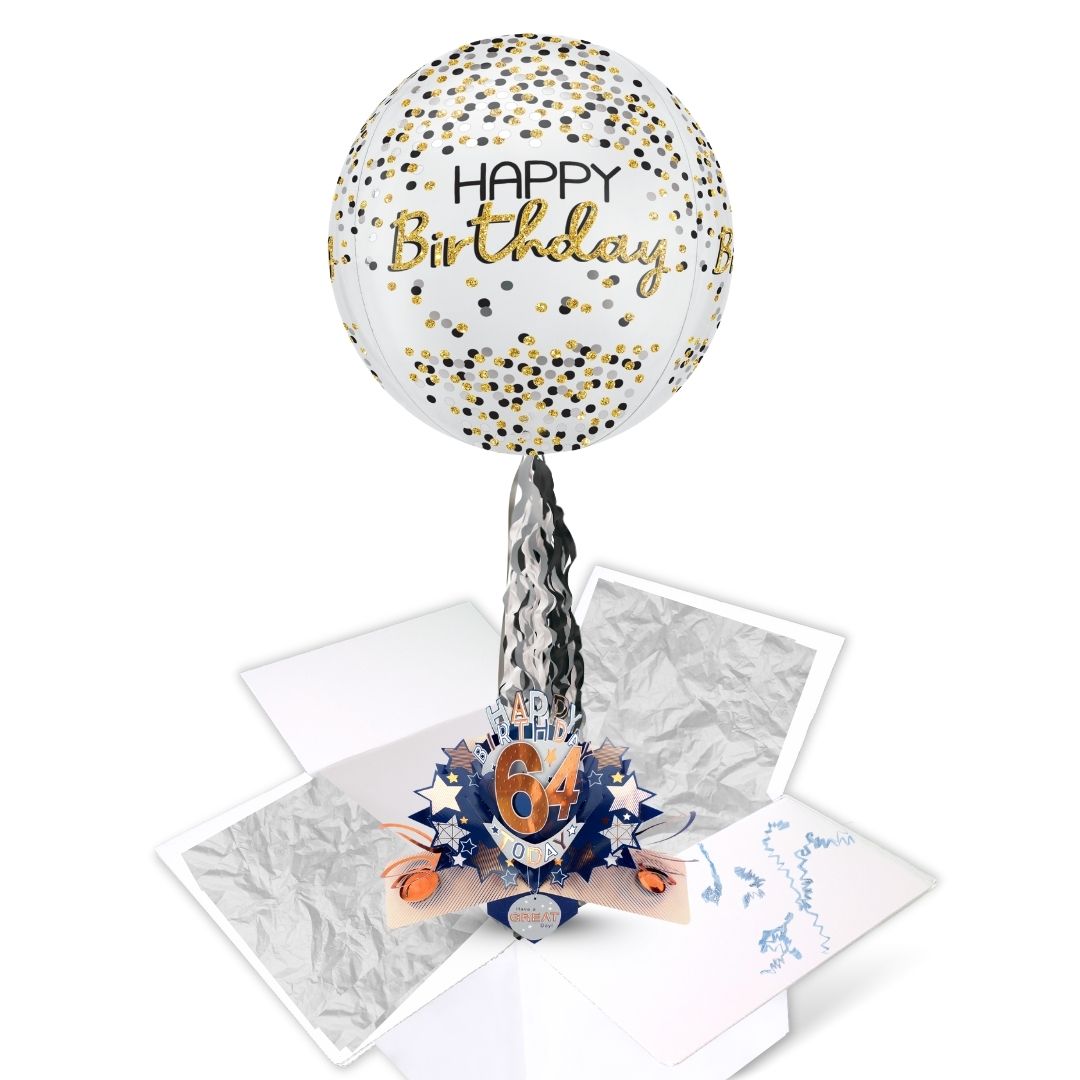 64th Birthday Pop Up Card & Floating Balloon In A Box Surprise For Him