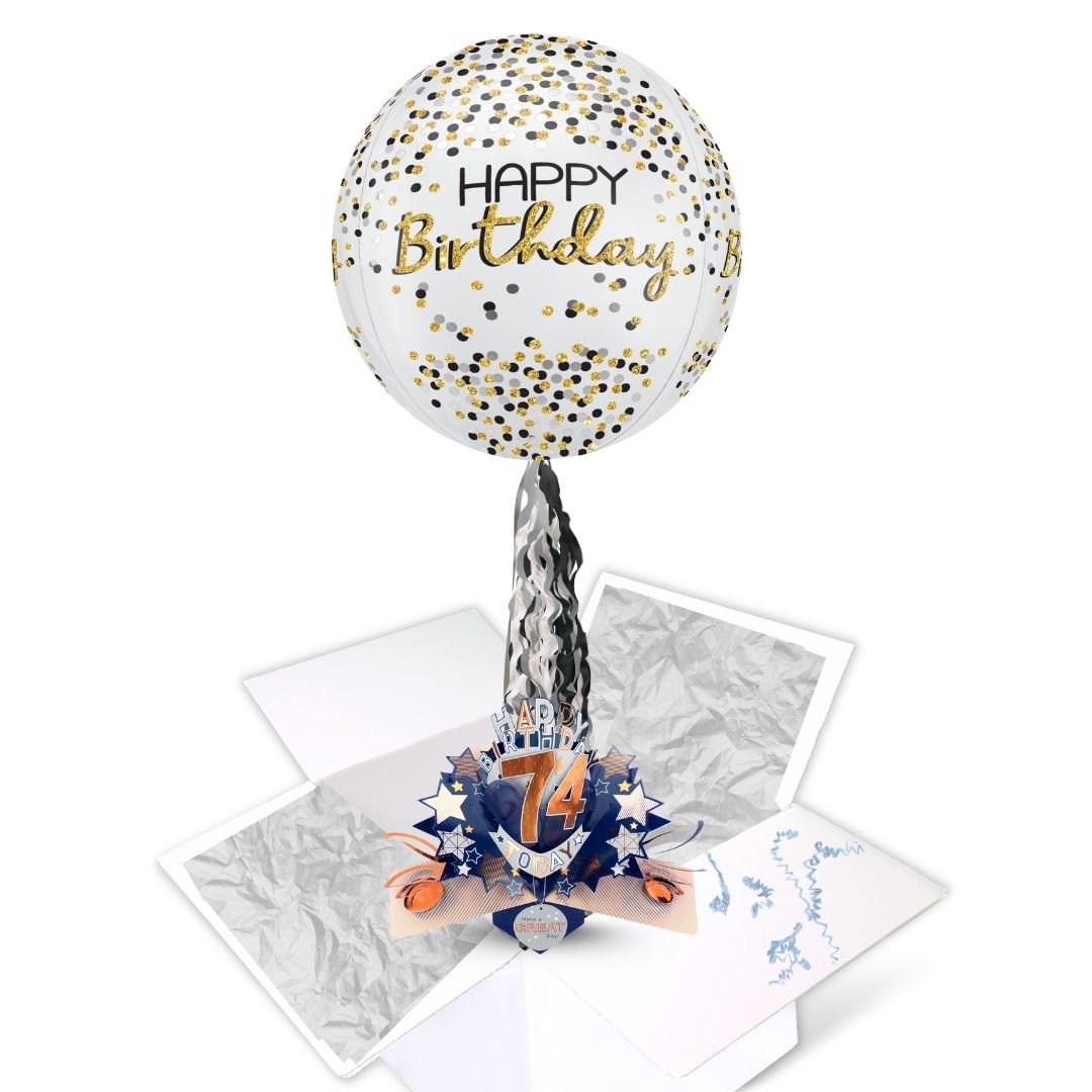 74th Birthday Pop Up Card & Floating Balloon In A Box Surprise For Him