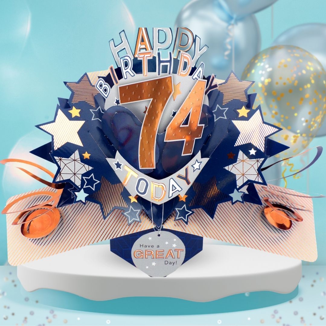74th Birthday Pop Up Card & Floating Balloon In A Box Surprise For Him