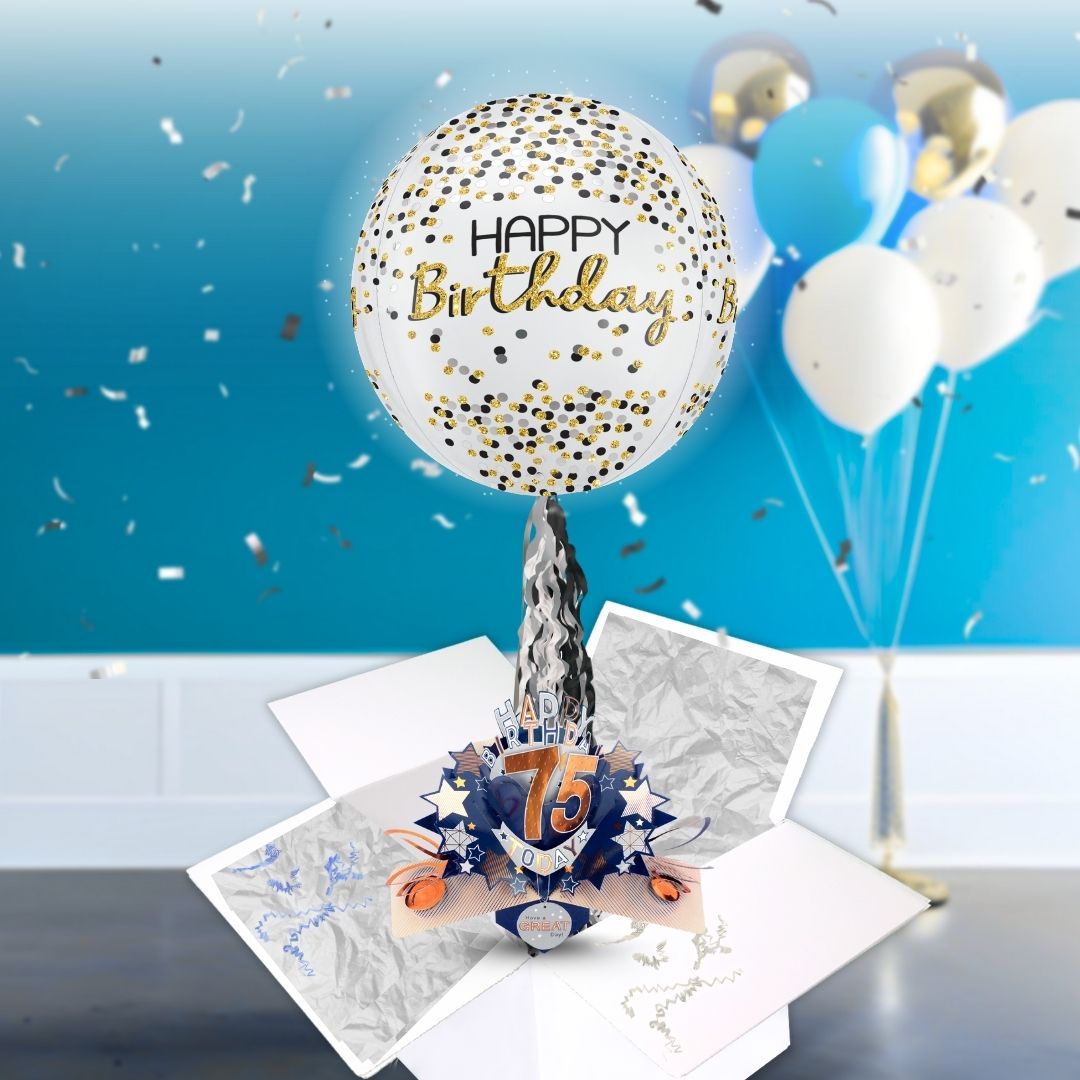 75th Birthday Pop Up Card & Floating Balloon In A Box Surprise For Him