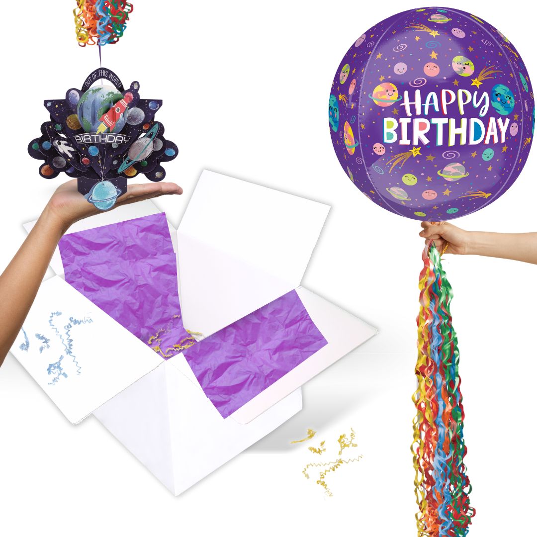 Space Rocket Birthday Pop Up Card & Floating Balloon In A Box Surprise