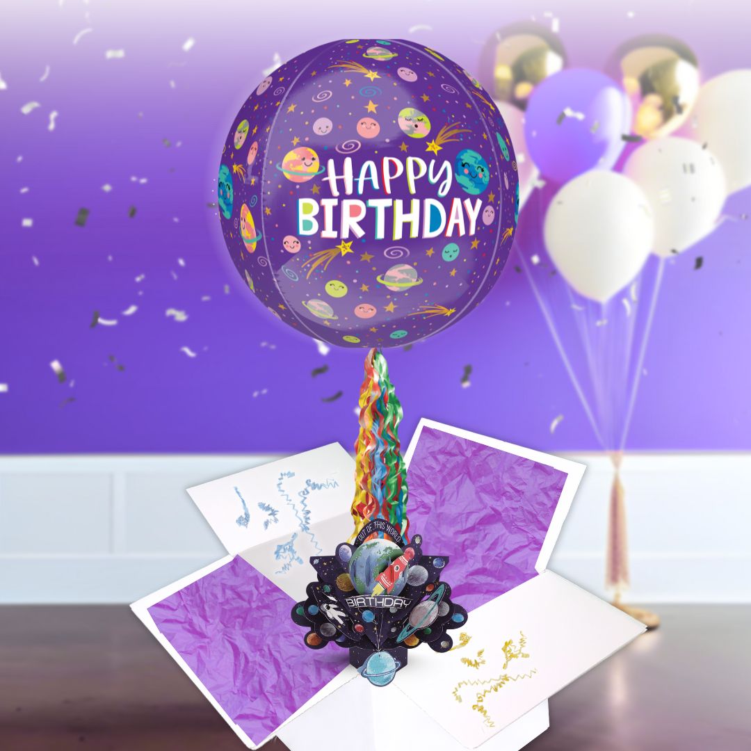 Space Rocket Birthday Pop Up Card & Floating Balloon In A Box Surprise