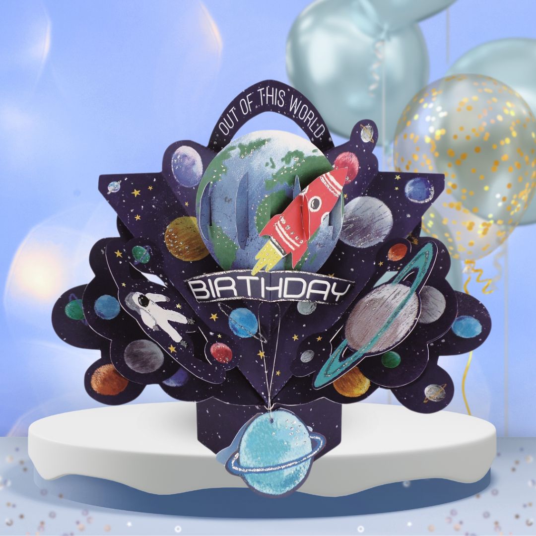 Space Rocket Birthday Pop Up Card & Floating Balloon In A Box Surprise