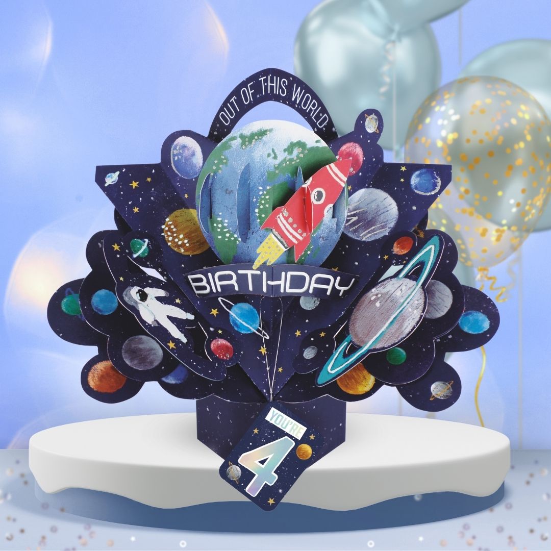 Boys 4th Birthday Pop Up Card & Floating Balloon In A Box Surprise