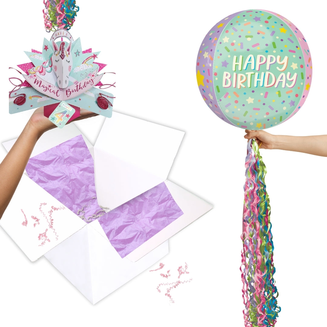 Girls 4th Birthday Pop Up Card & Floating Balloon In A Box Surprise