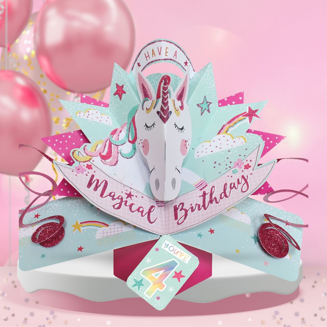 Girls 4th Birthday Pop Up Card & Floating Balloon In A Box Surprise