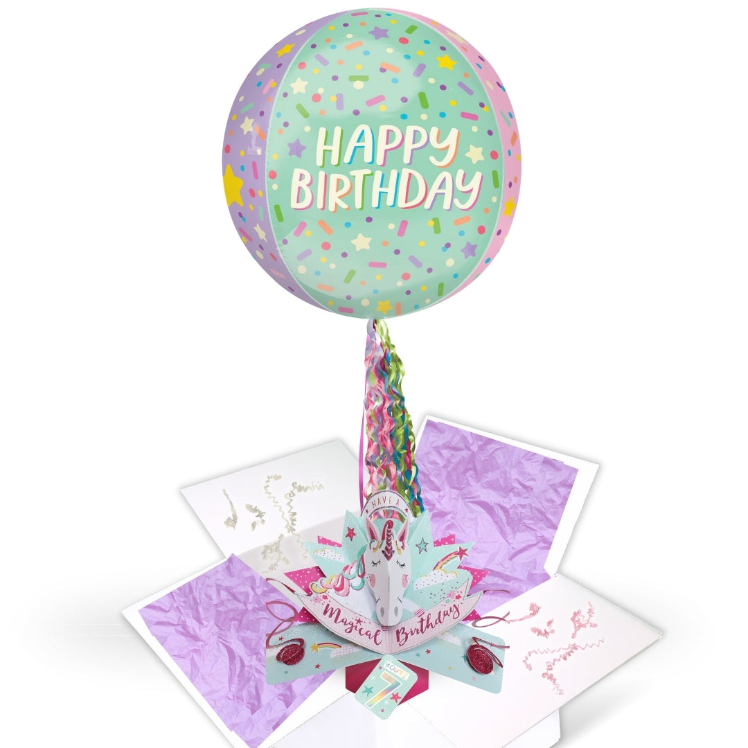 Girls 7th Birthday Pop Up Card & Floating Balloon In A Box Surprise