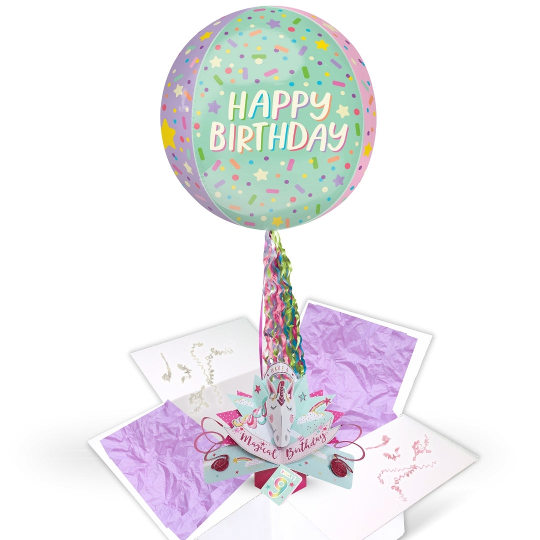 Birthday Girls Unicorn Pop Up Card & Floating Balloon In A Box Surprise