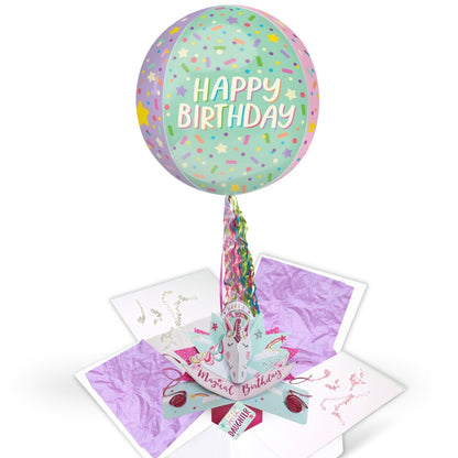 Birthday Girls Unicorn Pop Up Card & Floating Balloon In A Box Surprise