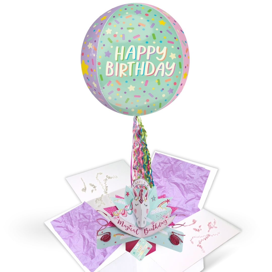 Great-Granddaughter Birthday Unicorn Pop Up Card & Floating Balloon In A Box Surprise