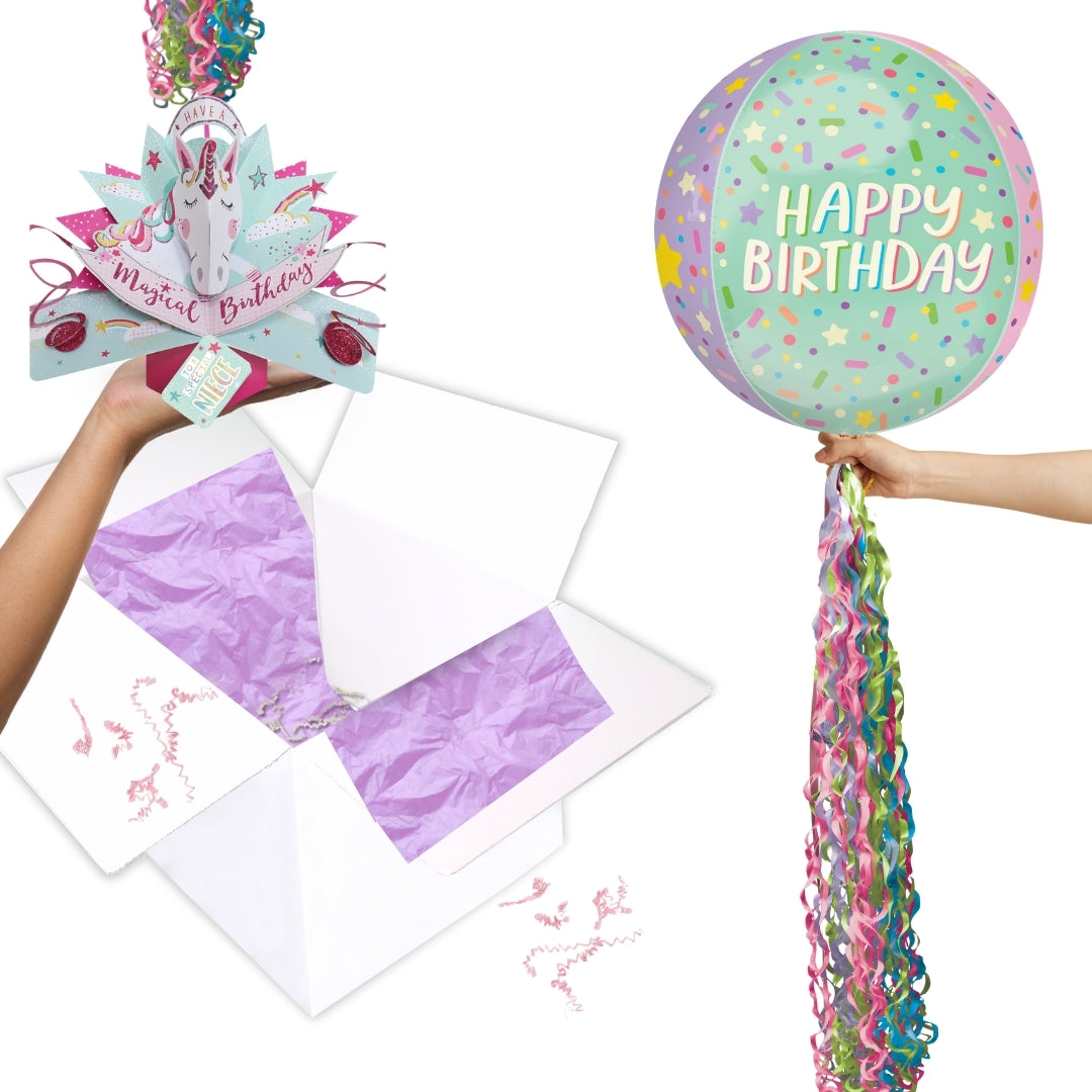 Niece Birthday Unicorn Pop Up Card & Floating Balloon In A Box Surprise