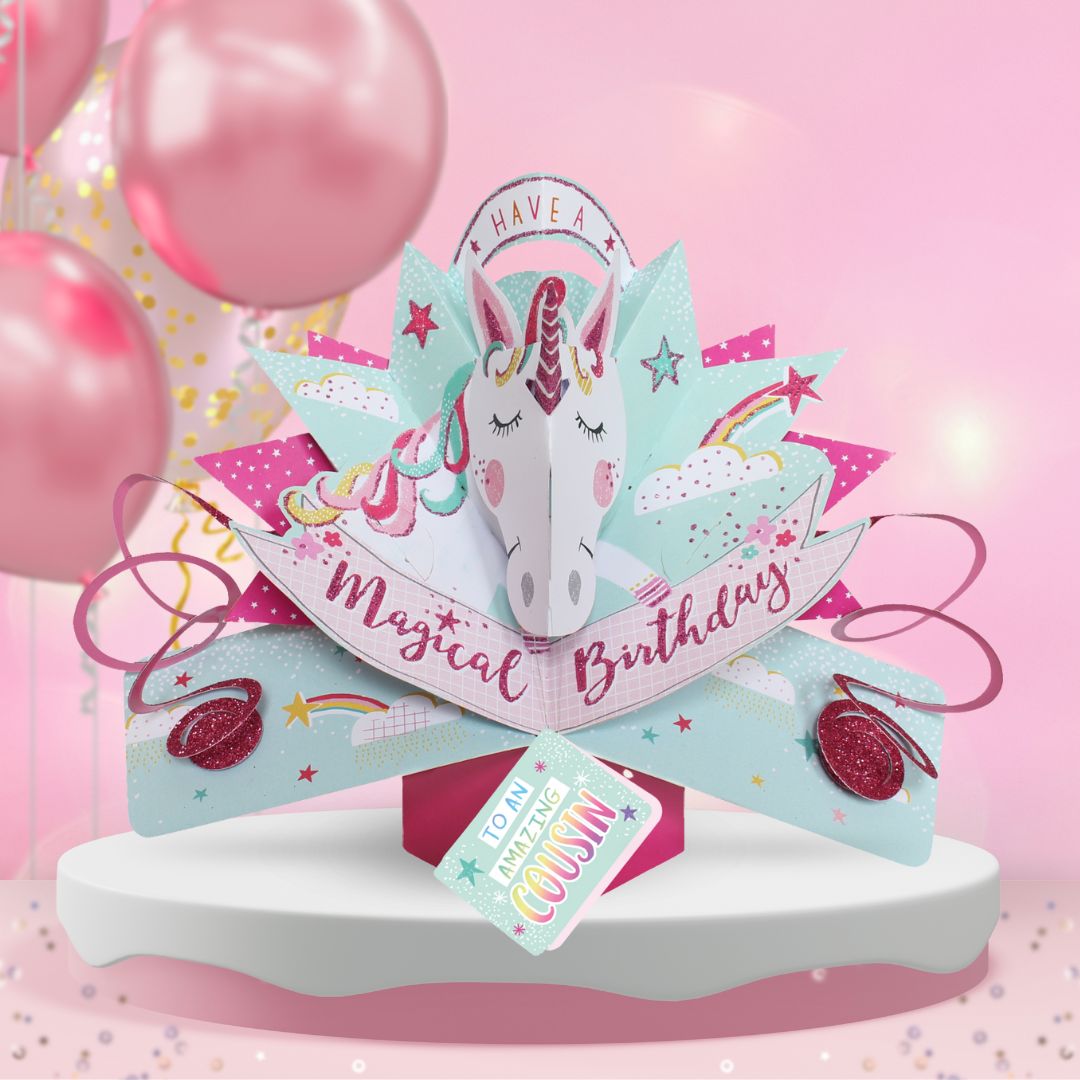 Cousin Birthday Unicorn Pop Up Card & Floating Balloon In A Box Surprise