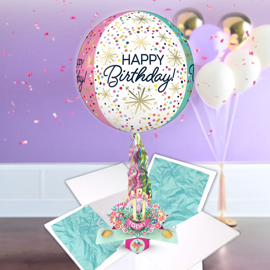 11th Birthday Pop Up Card & Floating Balloon In A Box Surprise For Her