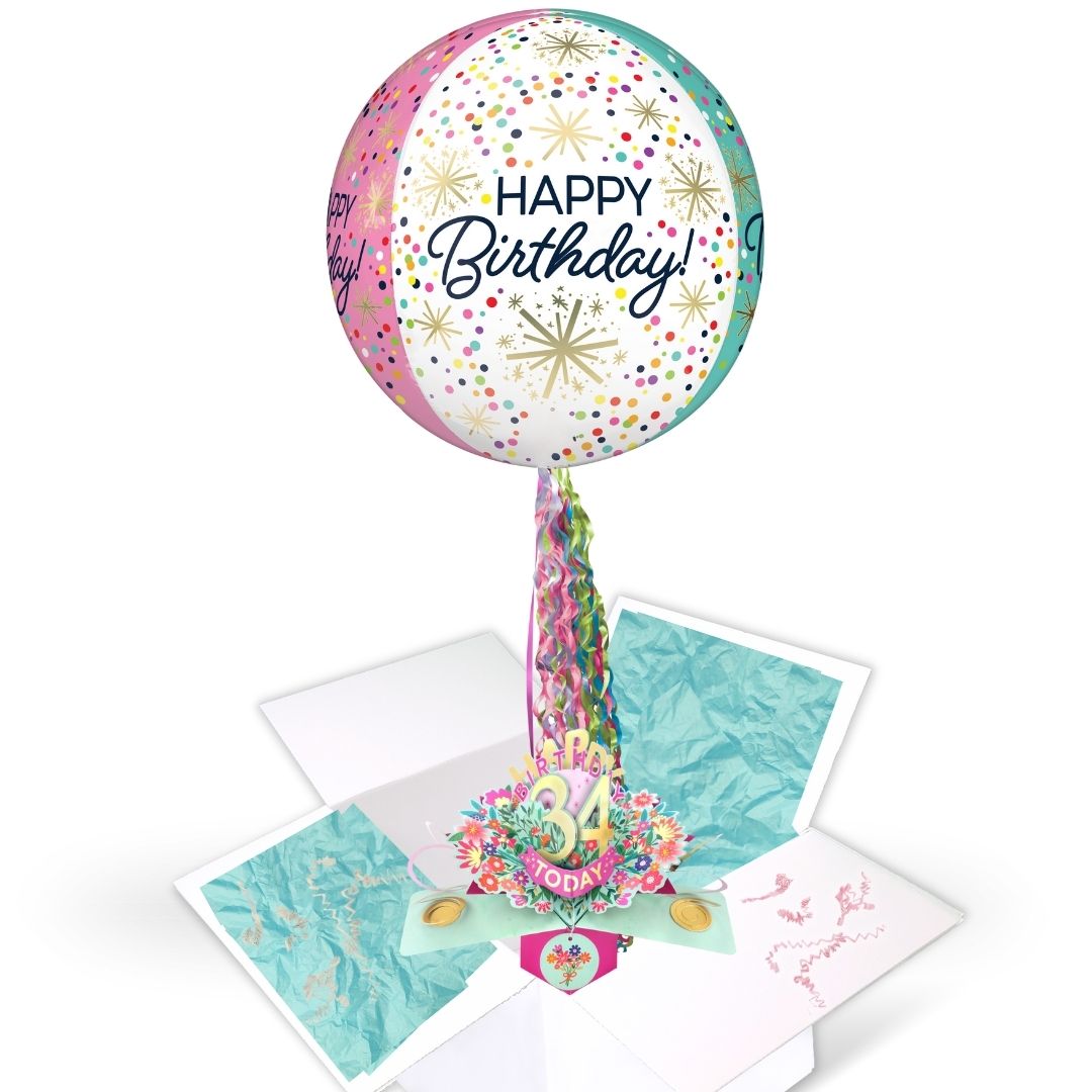 34th Birthday Pop Up Card & Floating Balloon In A Box Surprise For Her