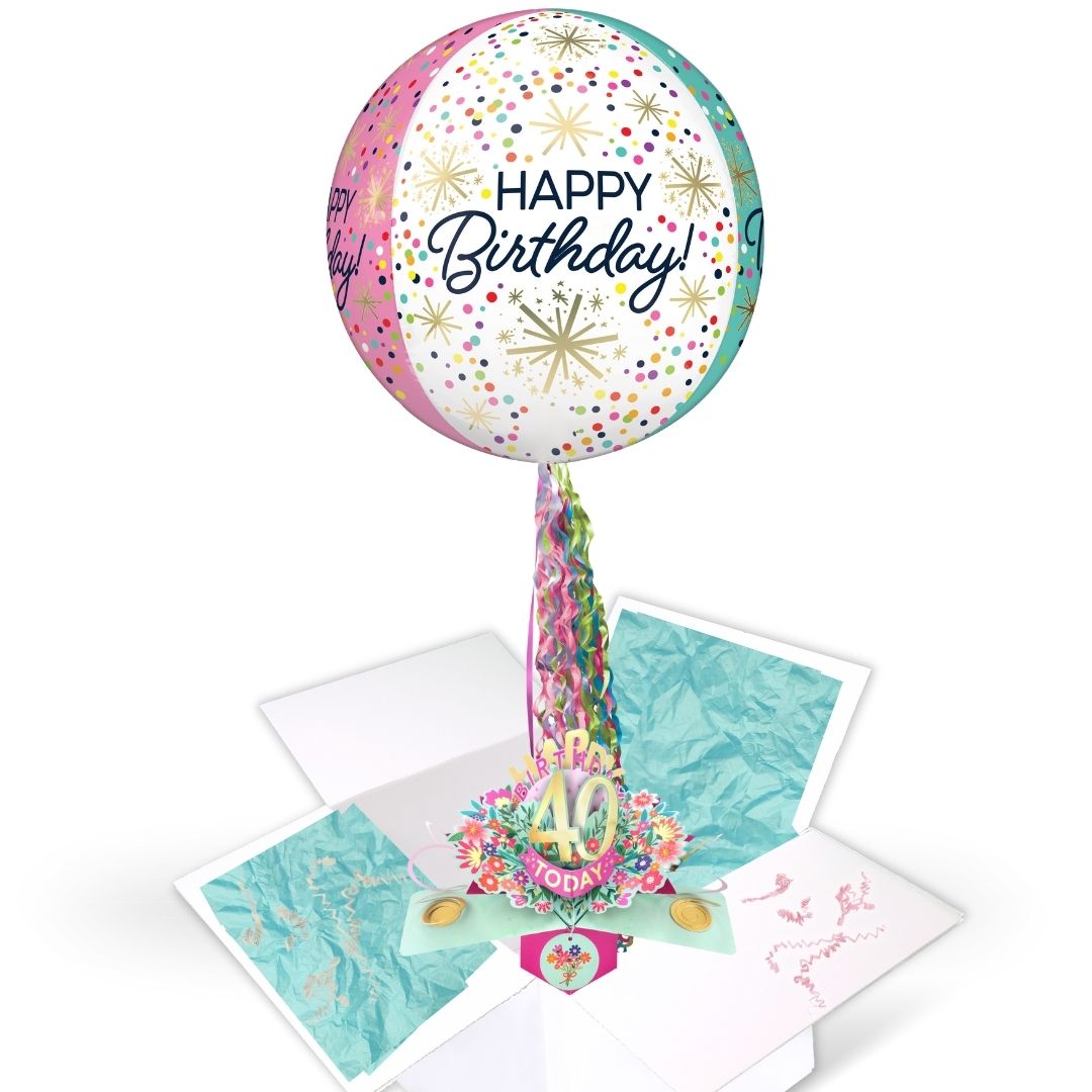 40th Birthday Pop Up Card & Floating Balloon In A Box Surprise For Her