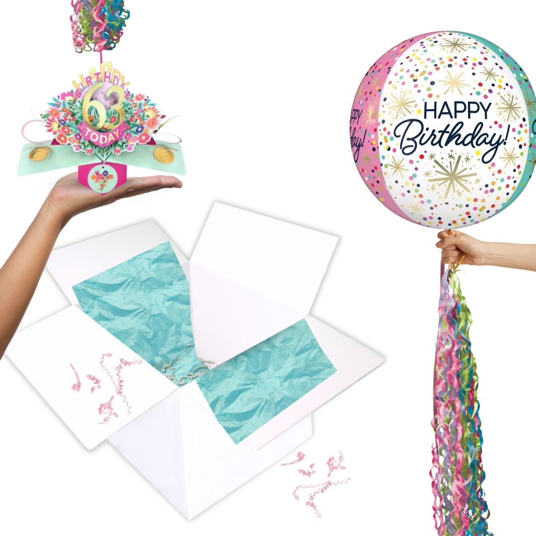 63rd Birthday Pop Up Card & Floating Balloon In A Box Surprise For Her